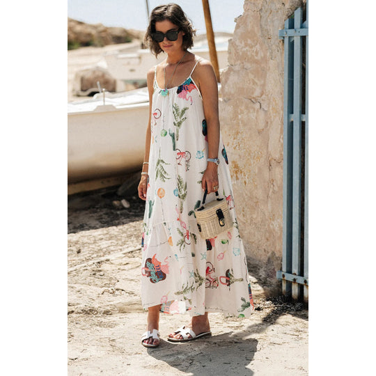 Spring Summer Layered Spaghetti Strap Floral Print Dress Casual Loose Vacation Dress