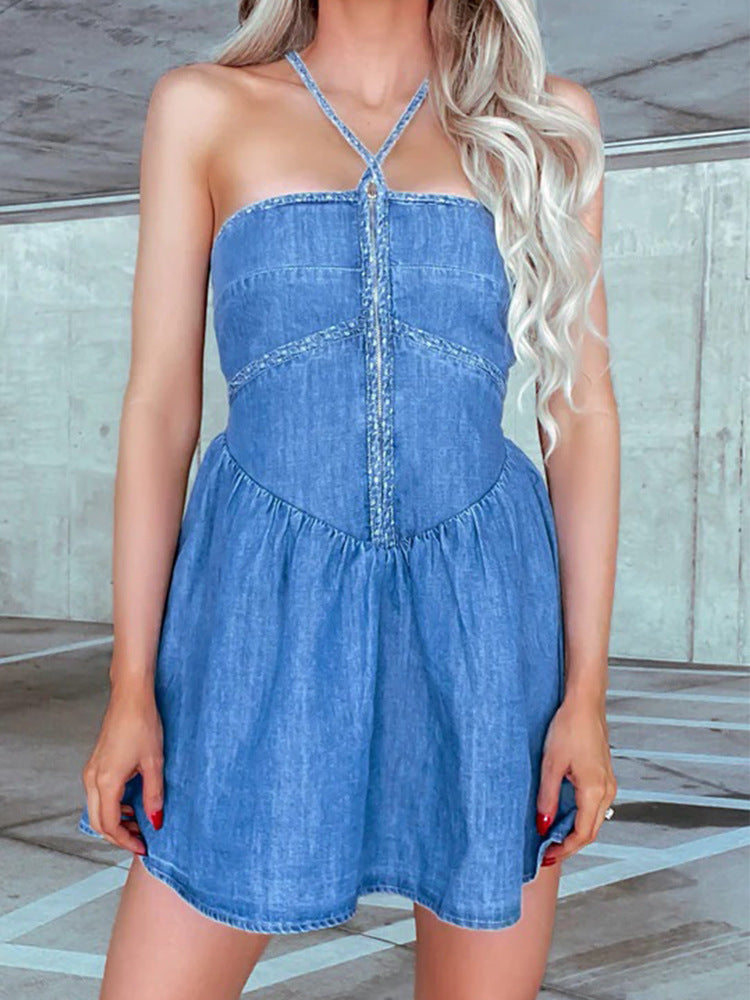 Women Clothing Retro Denim Worn Halter Tube Top A Line Dress Short Dress for Women