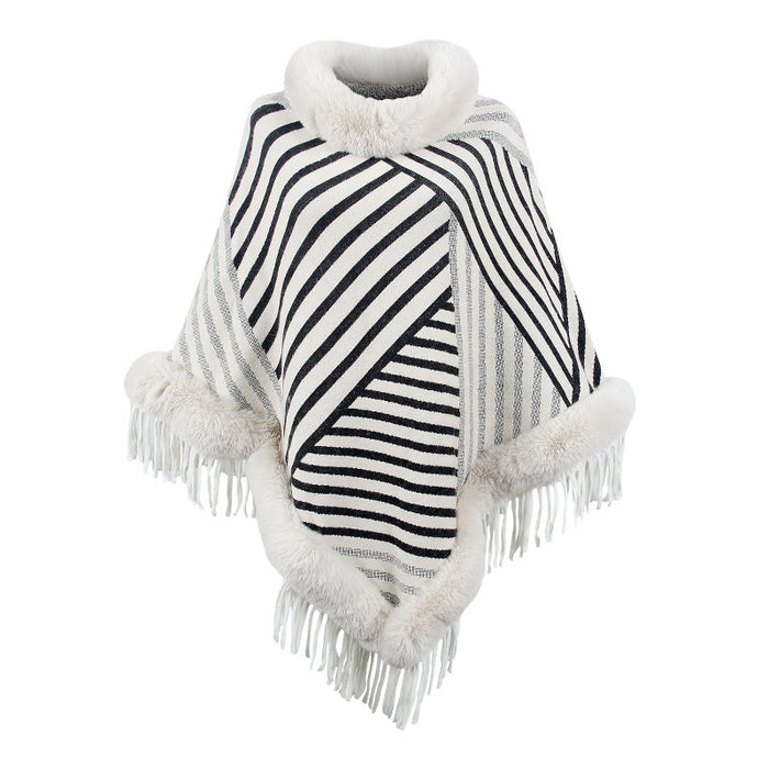 Fur Collar Pullover Tassel Knitted Cape for Women Autumn Winter Stripe Warm Shawl