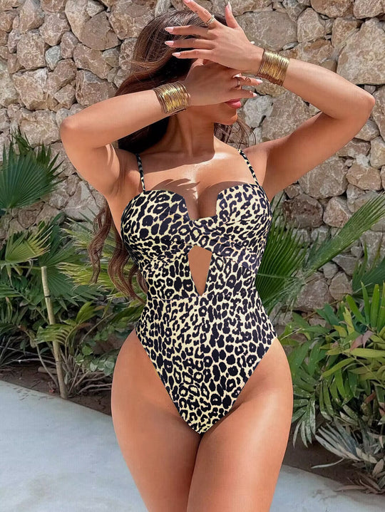 Bikini Bikini Leopard Print Hollow Out Cutout Shoulder Strap One Piece Swimsuit