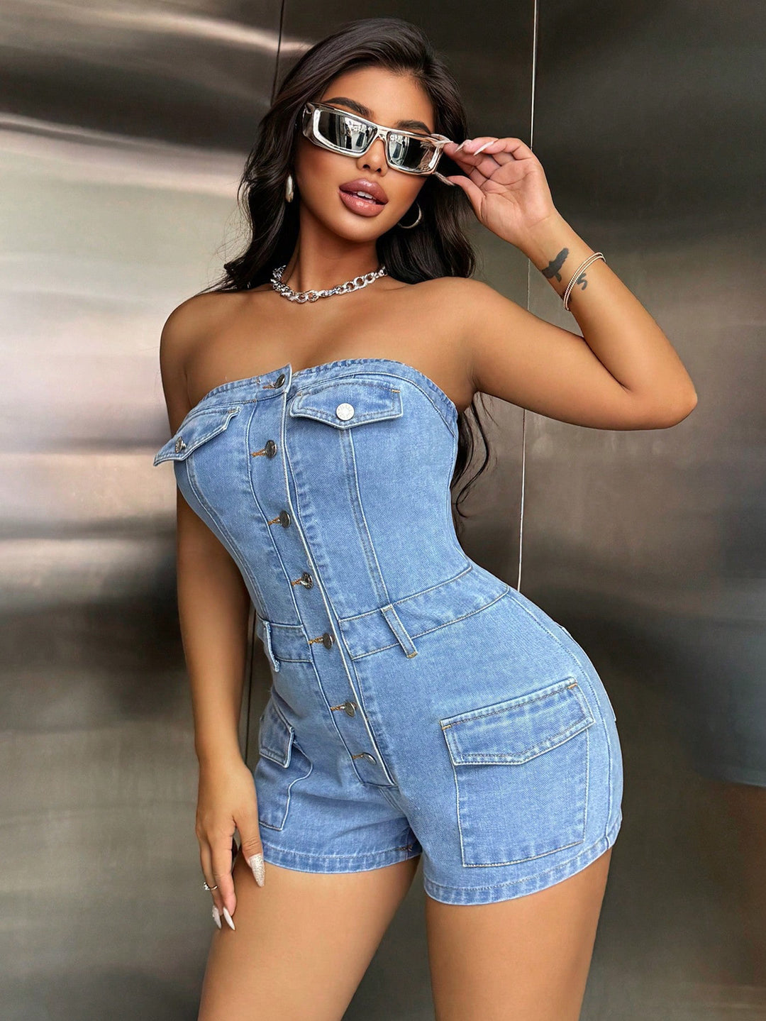 Women Clothing Casual Office Slim Fit Slimming One Piece Denim Jumpsuit