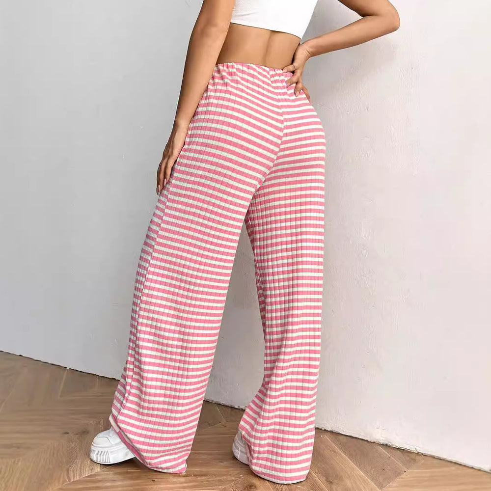 Autumn Winter Women Casual Striped Solid Color Rubber Band Drawstring Straight Leg Pants