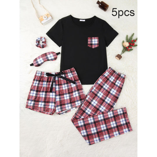 Pajamas Women Spring Autumn Plaid Casual Short Sleeved Summer Ladies Homewear Five Piece Set