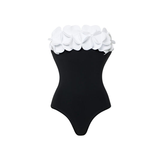 Black White Contrast Color Minimalist Floral Decoration Oblique Shoulder One Piece Swimsuit Women Clothing