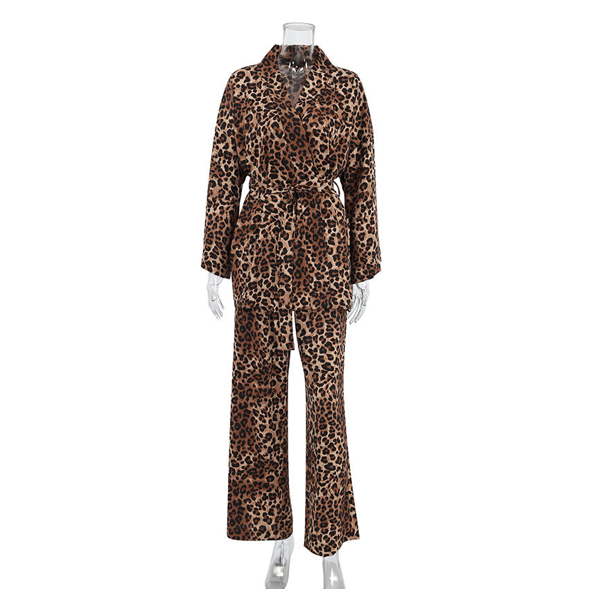 Summer Loose Leopard Print Homewear Can Be Worn Outside Polyester Nightgown Trousers Two Piece Set