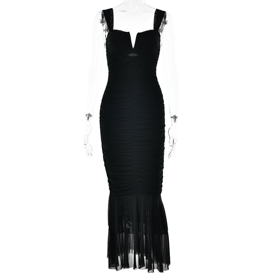Spring Summer Suspender Stitching Dress Fashionable Sexy Tight Pleated Fishtail Dress