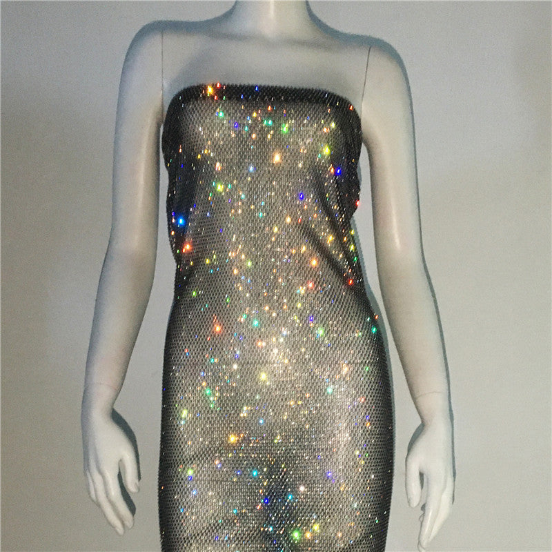 Skinny Strapless Dress Rhinestone Transparent Dress Mini Fishnet Dress