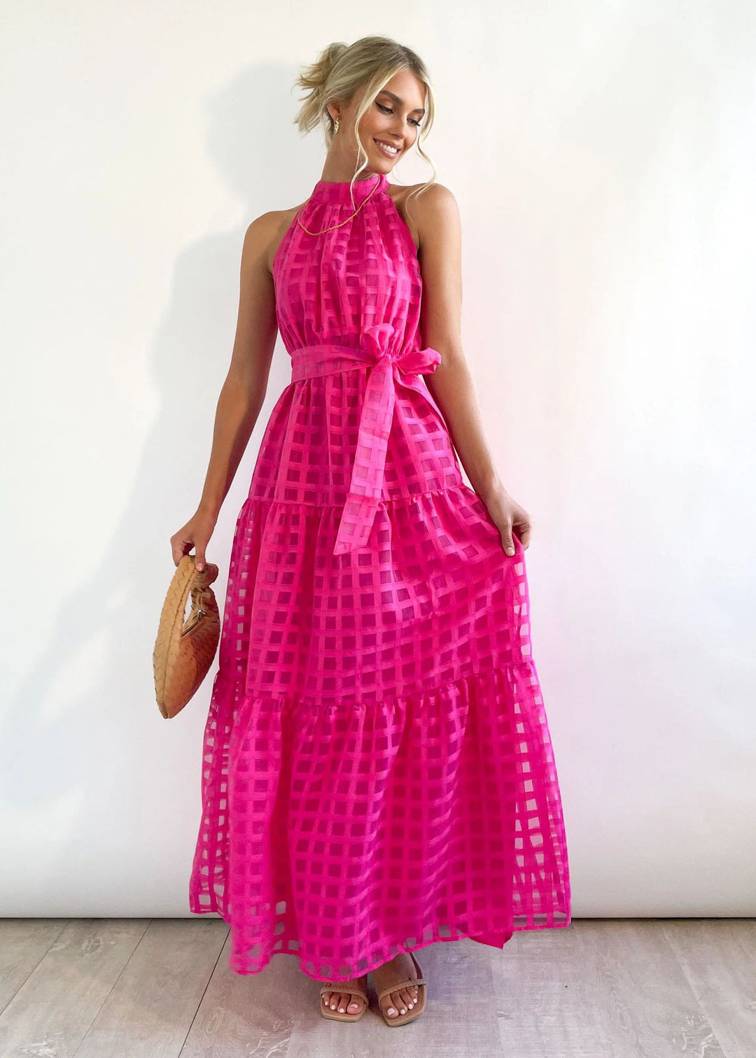 Spring Summer Stand Collar Solid Color Plaid Retro Maxi Dress Casual Dress for Women