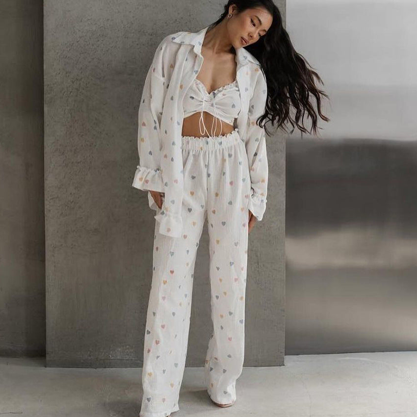 Summer Soft Skin Friendly Cotton Pajamas Women Colored Loving Heart Ruffled Underwear Long Sleeve Trousers Three Piece Set