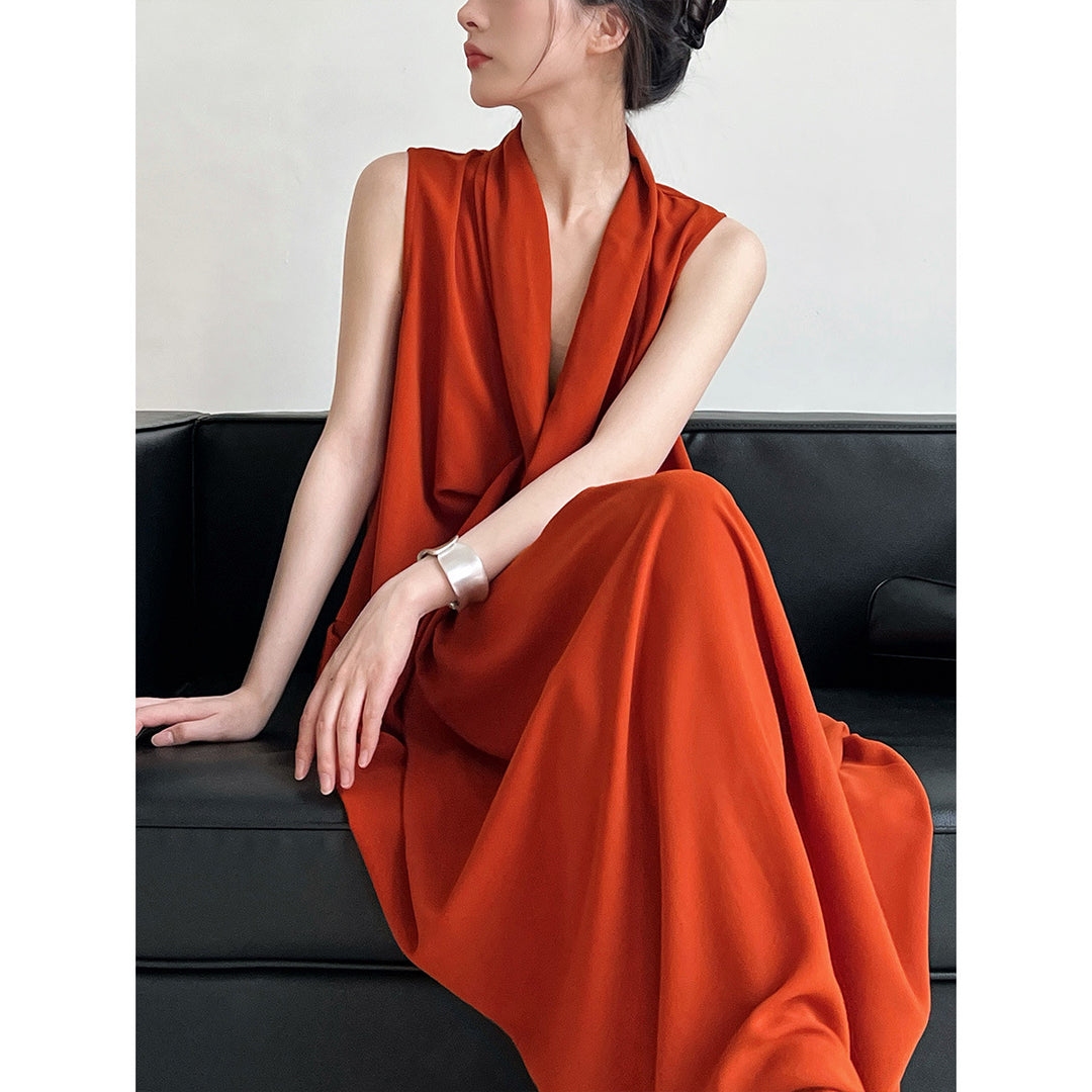 Elegant V neck Sleeveless Twisted Waist Dress Women Slimming Irregular Asymmetric High Grade Hong Kong Long Dress