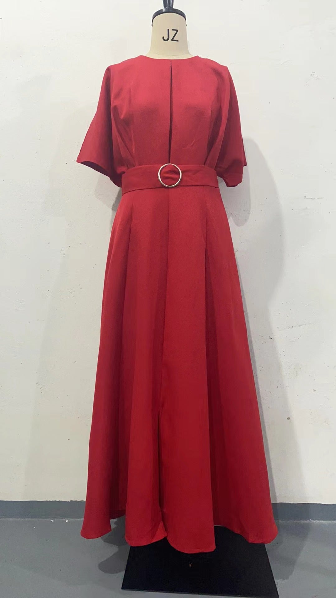 Solid Color round Neck Short Sleeves Dress Belt Slim Fit Maxi Dress