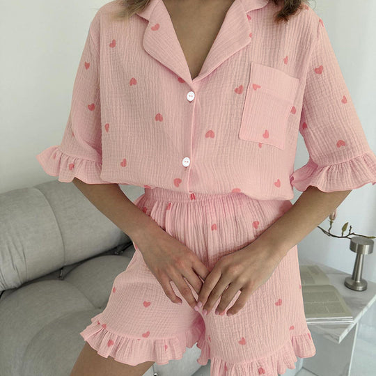 Summer Purified Cotton Pajamas Women Heart Printing Ruffled Half Sleeve Shorts Two Piece Set Soft Skin Friendly