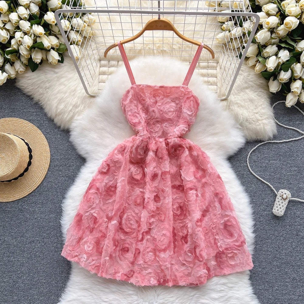 Summer Three-Dimensional Rose Embroidered Sweet Elegance First Love Strap Lace up Dress for Women