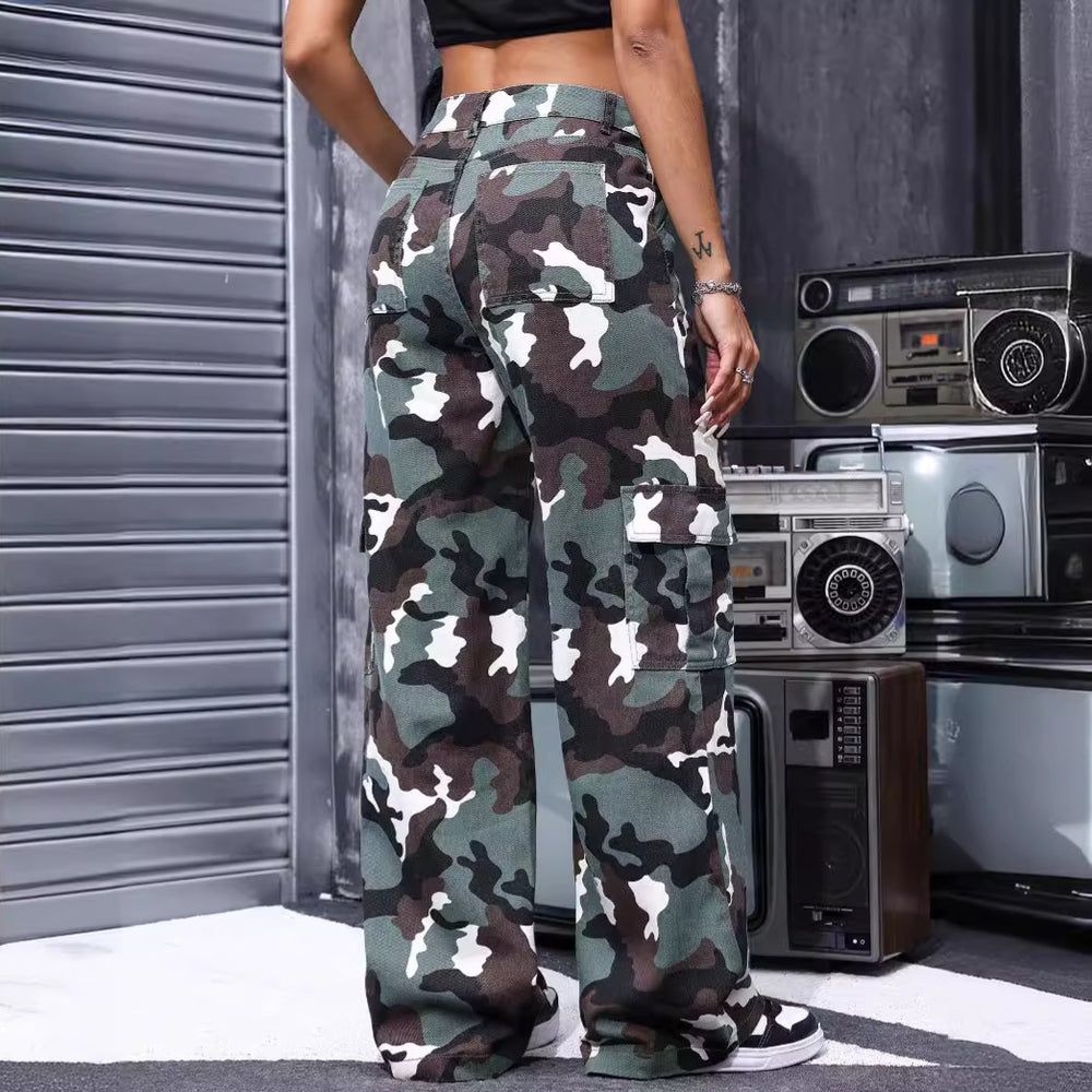 Retro Camouflage Workwear Jeans Women Summer Fried Street Sweet Cool Loose Straight Drooping Wide Leg Casual Pants