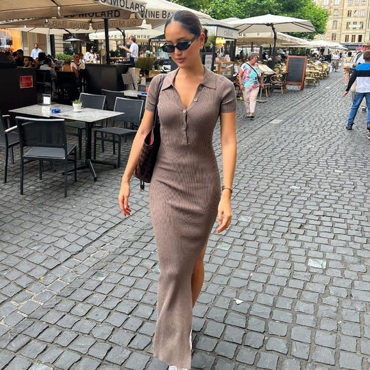 Summer Women Clothing Collared Single Breasted Split Slim Fit Slim Sheath Dress Women