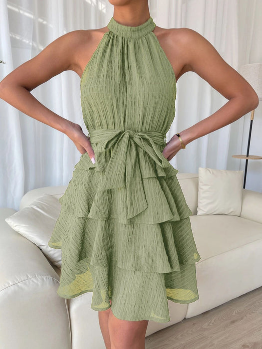 Summer Women  Clothing Elegant Dress Halter Sleeveless Lotus Leaf Dress