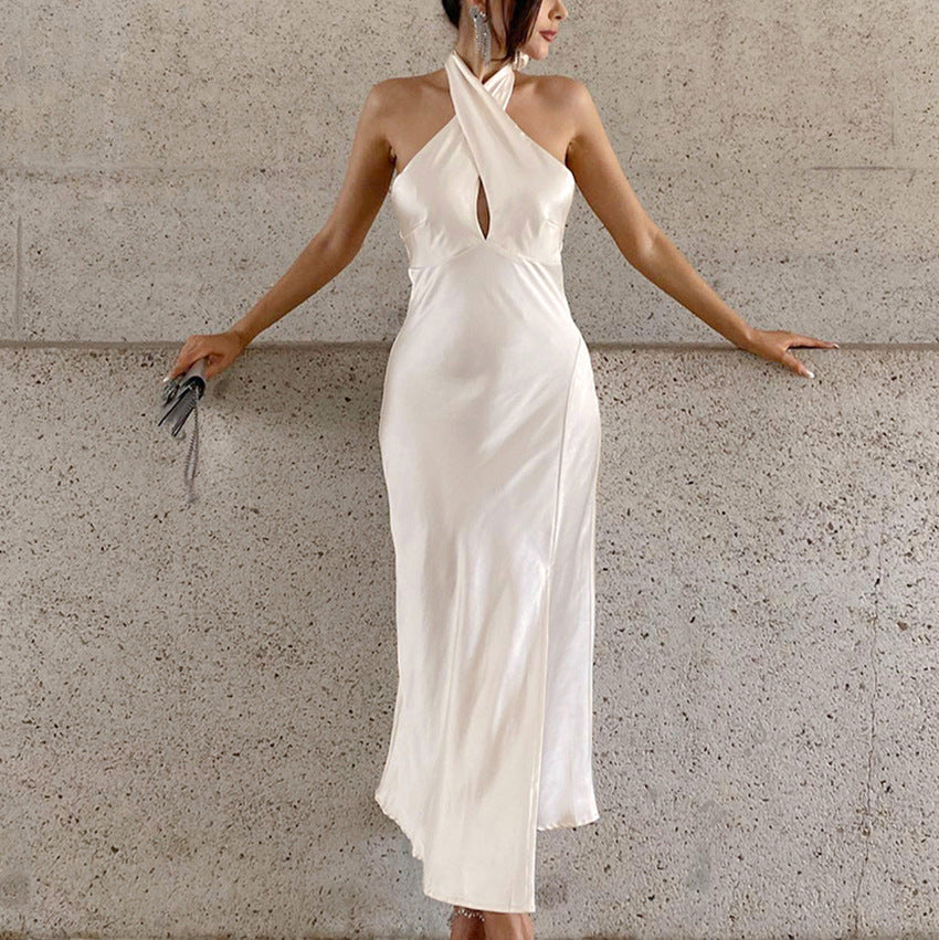 Summer Minimalist White Fishtail High Waist Slim Backless Halter Dress for Women