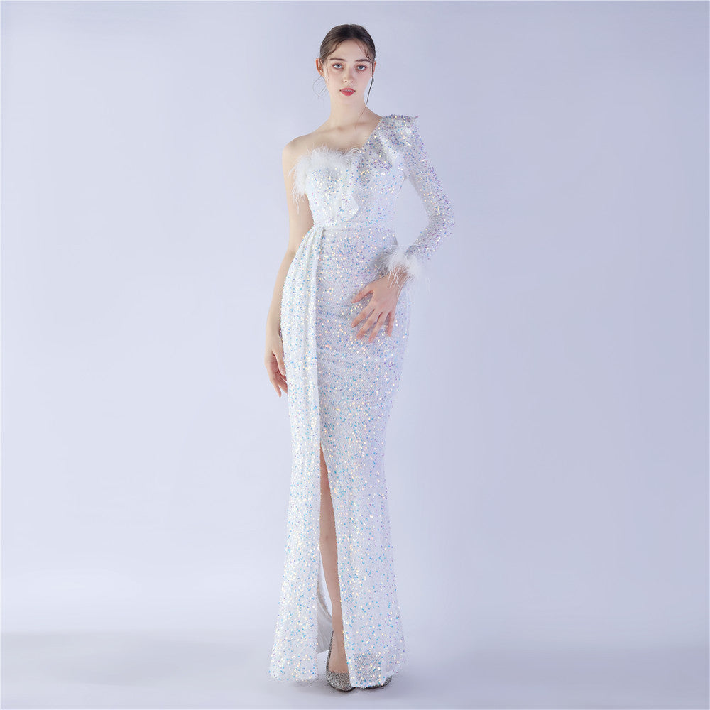 Craft Ostrich Feather Ruffled Side Slit High End Sequined Evening Dress