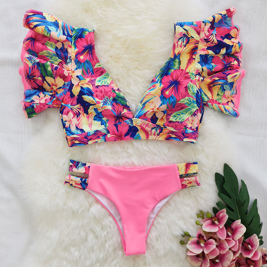 Sexy Brazilian Bikini Pleated Split Swimsuit Women Printed Ruffled