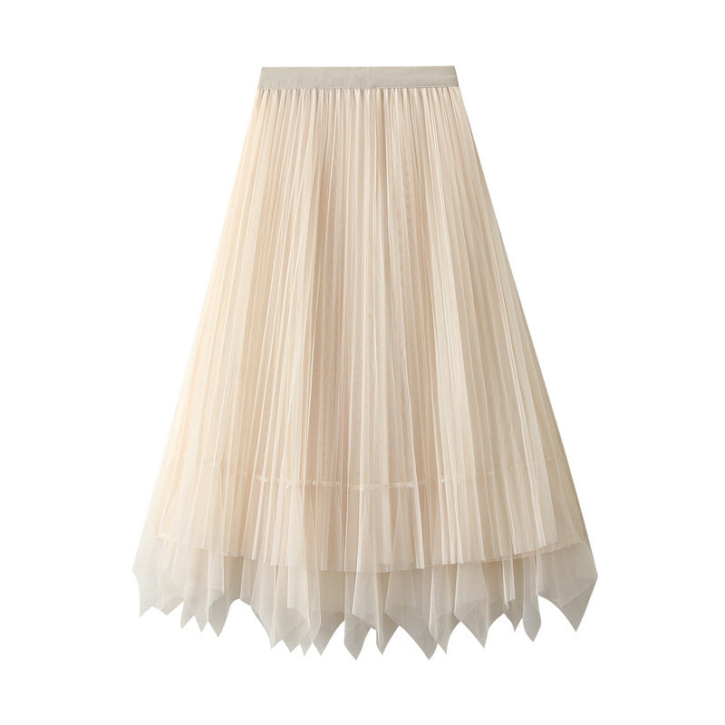 Women Two Sided Skirt Spring Mid Length High Waist Pleated Skirt Irregular Asymmetric Big Skirt