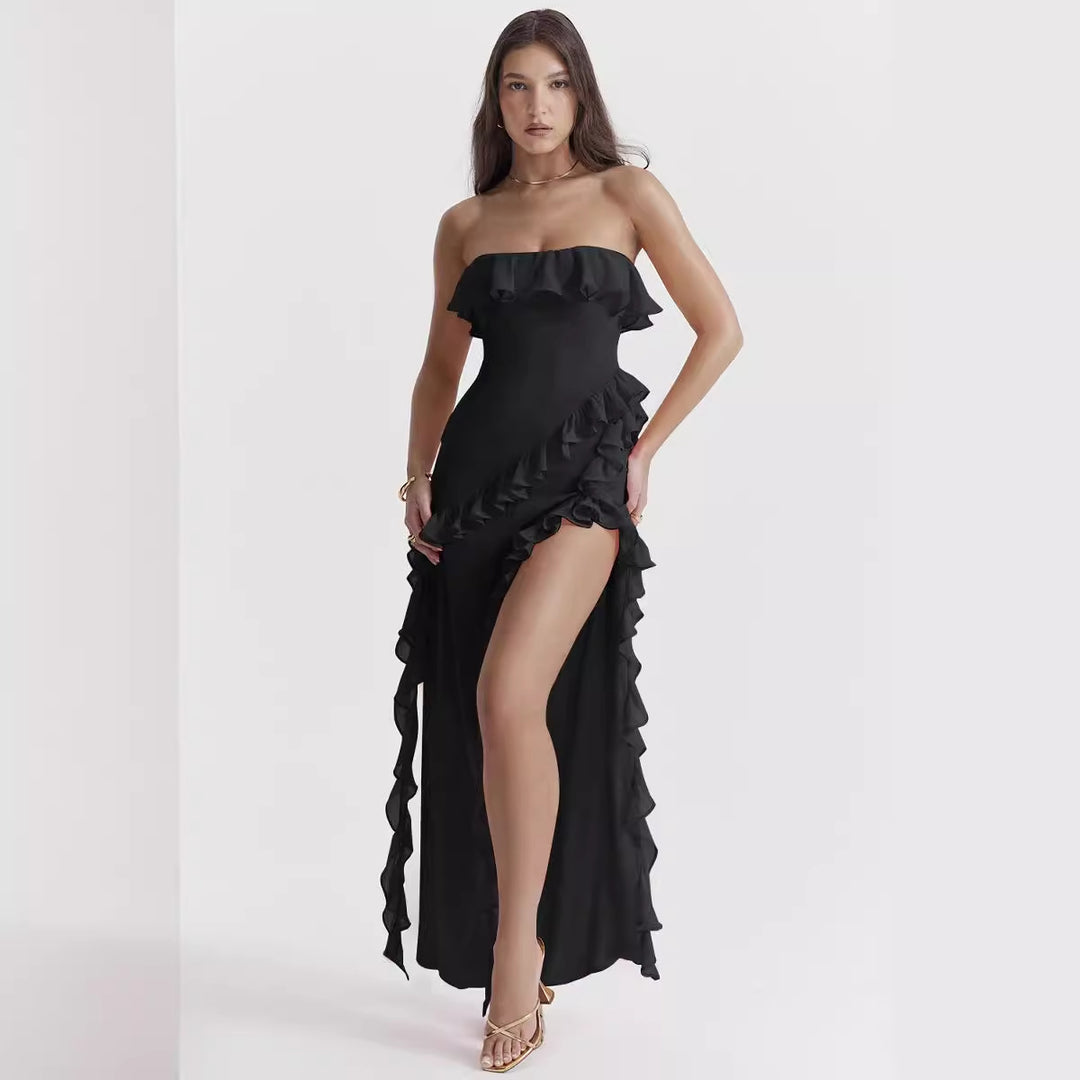 Summer Sexy Ruffles Wrapped Chest Split Sleeveless Off The Shoulder Dress Dress