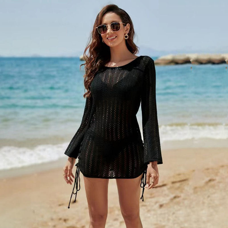 Sexy Hollow Out Cutout Knitted Long Sleeve Sun Protection Overshirt Beach Jacket Head Beach Cover Up Swimsuit Outwear Women