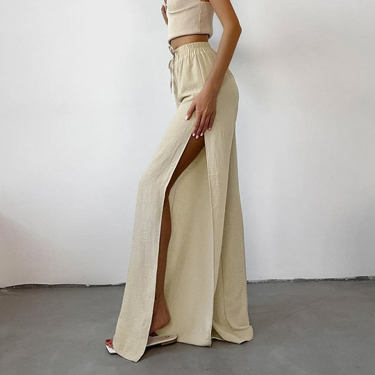 All Matching Khaki Loose All Cotton Sexy Slit Trousers Summer Office Drawstring Casual Pants Women