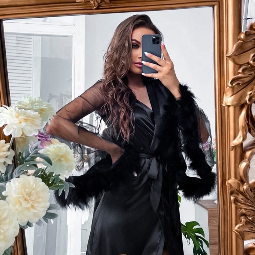 Spring Summer Feather Sexy Ice Silk Robe Women Cardigan Lace-up Mesh Moisture-Wicking Clothing Home Wear Women