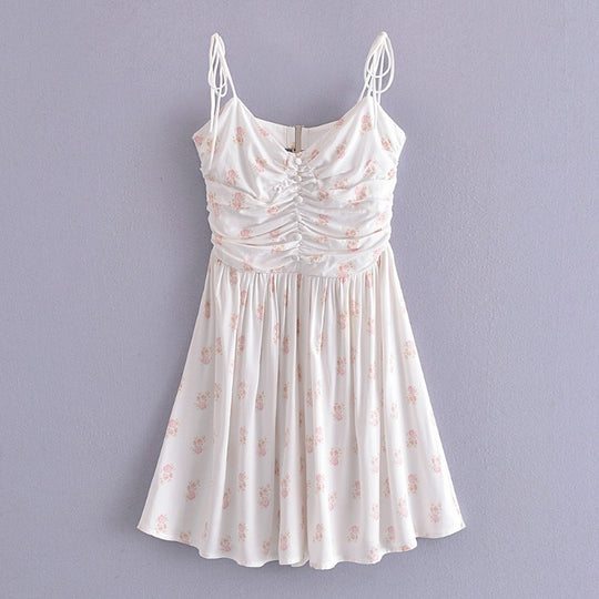 Spring Summer New Women Clothing V-neck Brace A- line Dress Pleated Romantic Floral Print Lace-up Dress