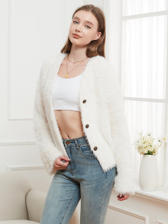 Women Knitted Mink like V neck Cardigan Sweater Top Casual Soft Women Short Coat