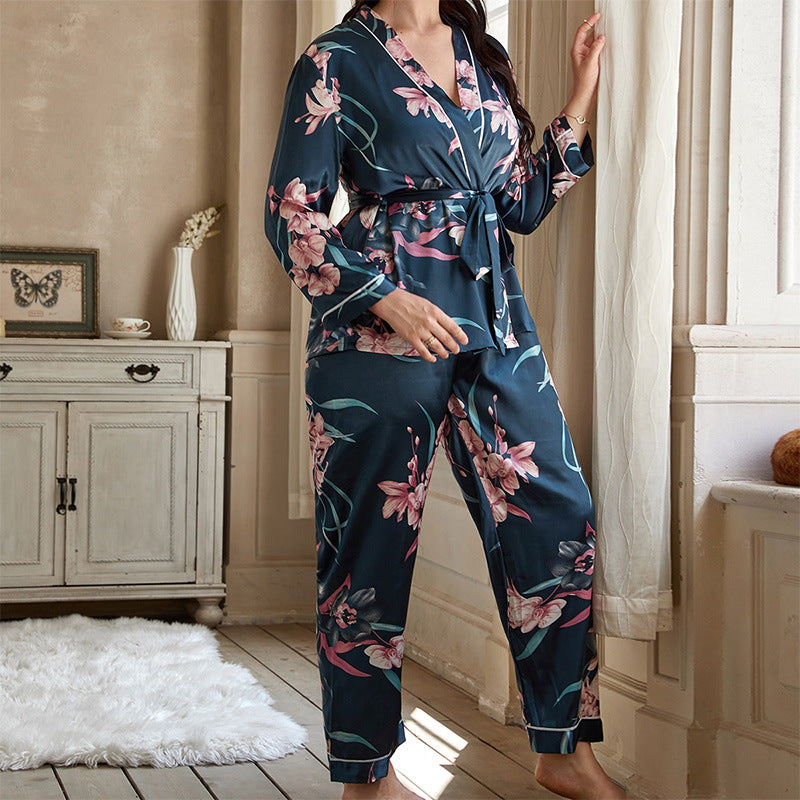 plus Size Pajamas Women Cardigan Lace up Nightgown Pajama Pants Casual Loose Home Women Suit