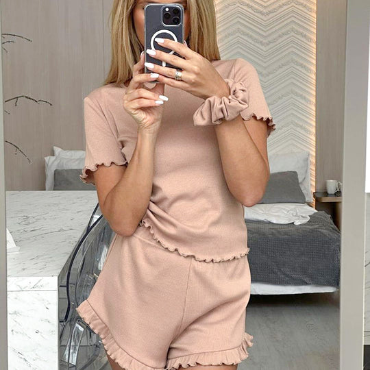 Summer Knitted Sunken Stripe Ruffled Short Sleeves Shorts Two Piece Set Ladies Homewear