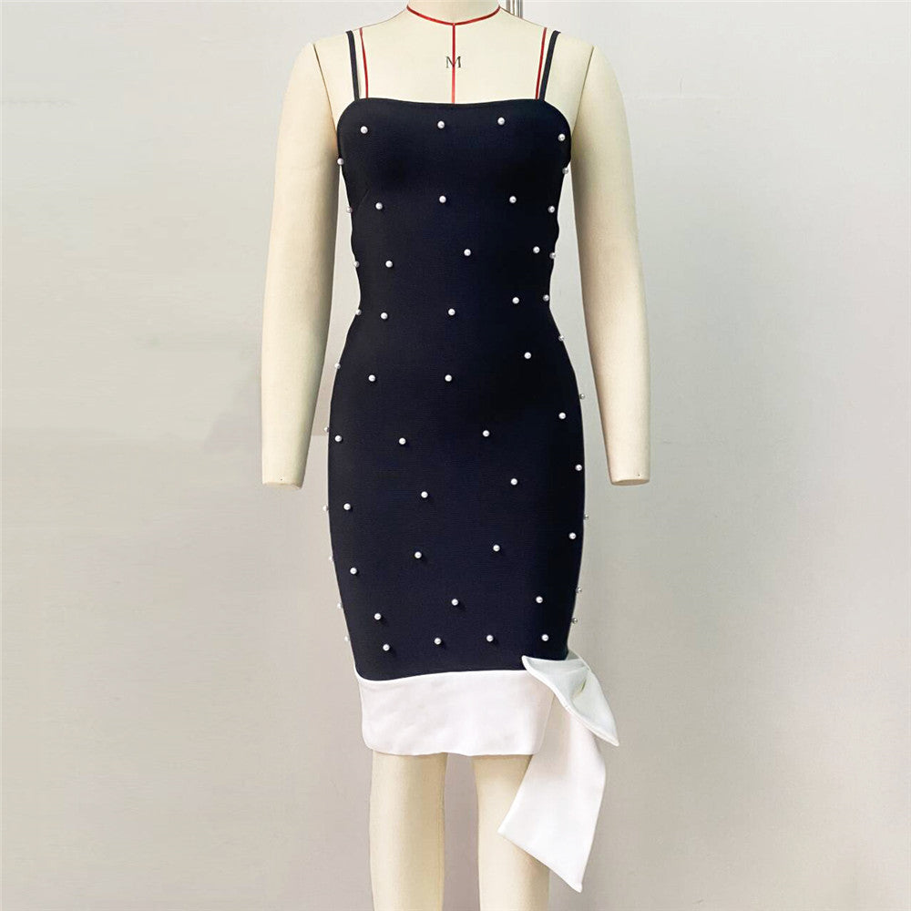 Sexy Women Wear Special Interest Design Bow Beaded Sling Bandage Dress Party Cocktail Dress Dress