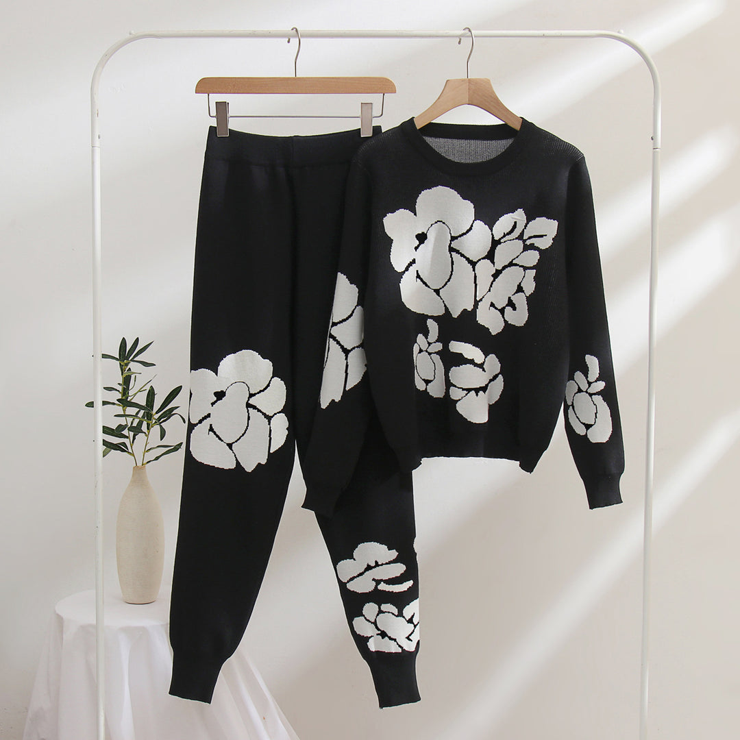 Winter Long Sleeved Jacquard round Neck Sweater sets Sports Casual Knitted Women Two Piece sets