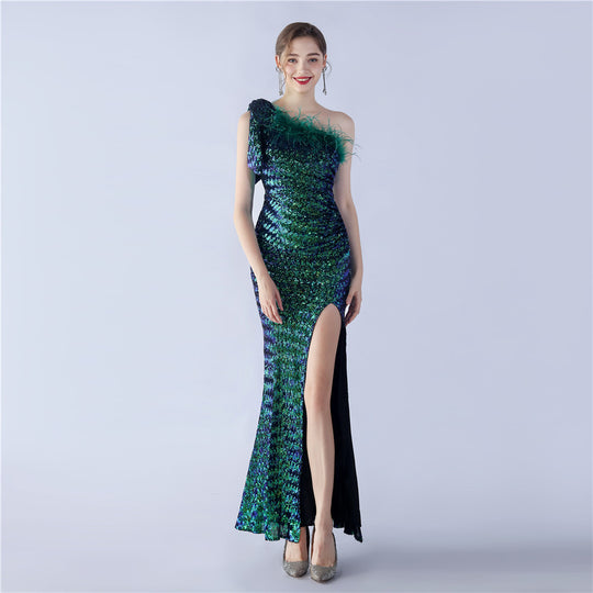 Craft Floral plus Ostrich Feather High End Sequined One Shoulder Evening Dress