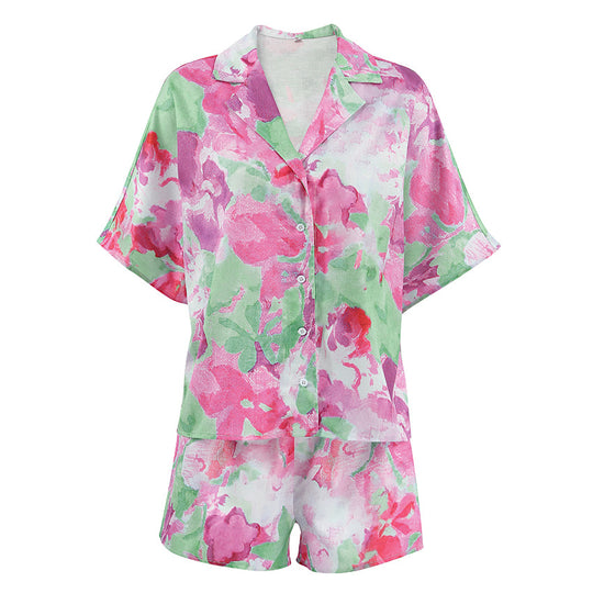 Summer Printed Polyester Two Piece Set Short Sleeve Shorts Can Be Worn outside Ladies Homewear