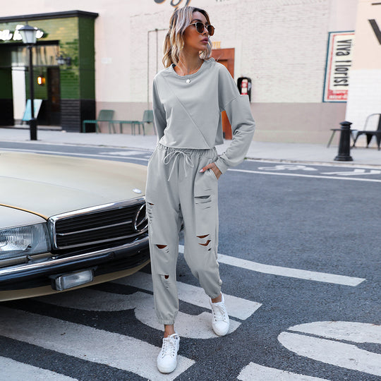 Autumn Winter Women Clothes Casual two piece set Loose Hole Sports Sweater Suit