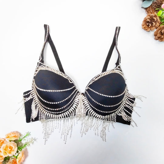 French Sexy Triangle Cup Push Up Bra Outer Wear Rhinestone Metal Tassel Tube Top Big Backless Shaping Boning Corset Underwear
