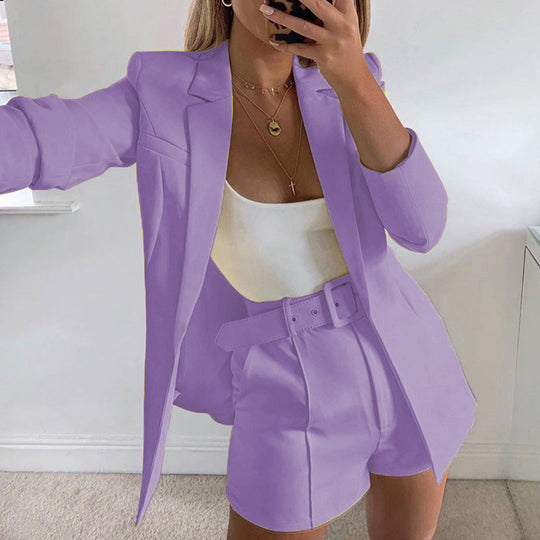 Top Shorts Suit with belt Sexy Women Casual Polo Collar Cardigan