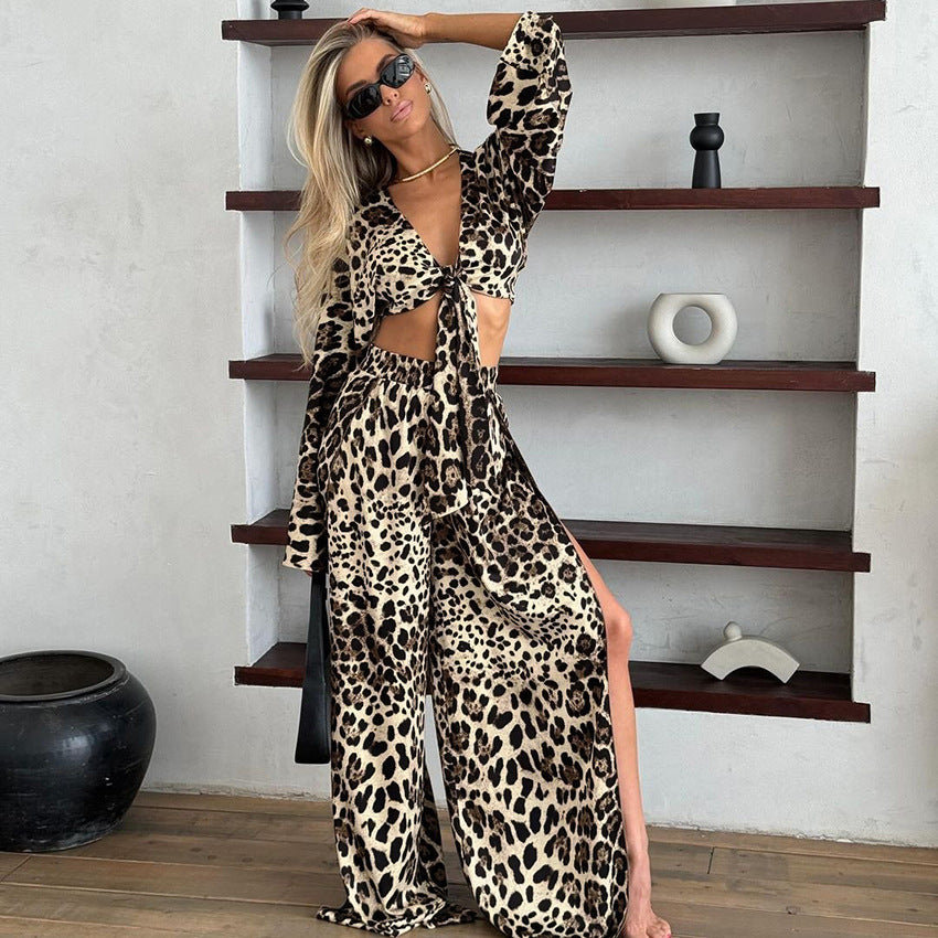 Summer Sexy Leopard Cardigan Satin Pajamas Two Piece Loose Long Sleeve Trousers Ladies Homewear