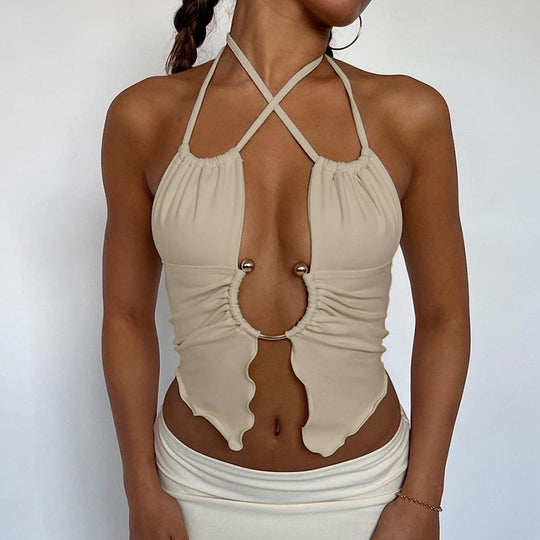 Metal Ring Hollow Out Cutout Halter Camisole Summer Sexy Cropped Top