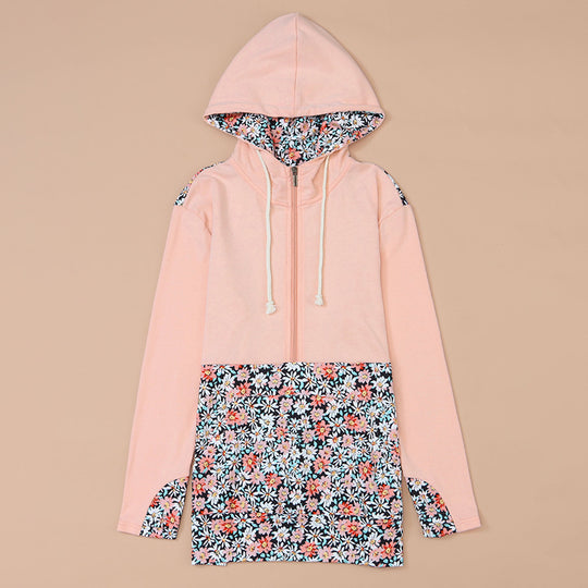 Casual Floral Print Pullover for Women Autumn Loose Half Zipper Contrast Color Hooded Sweatshirt for Women