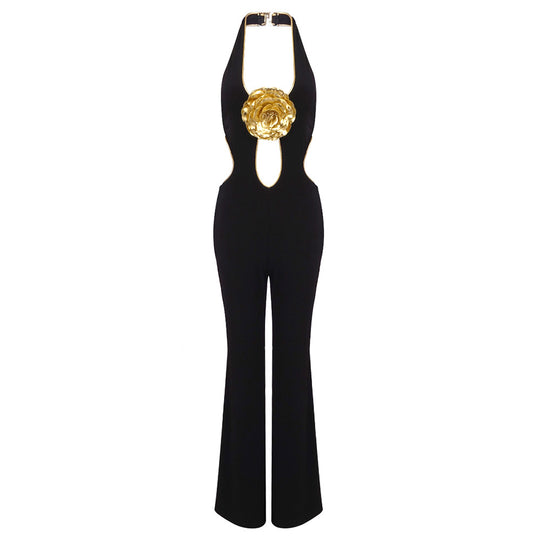 Autumn Winter Halter Sexy Trousers Women Jumpsuit Golden Floral Sleeveless Backless