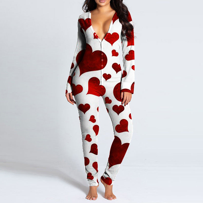 Jumpsuit Printed Button Functional Button Flip Adult Pajamas