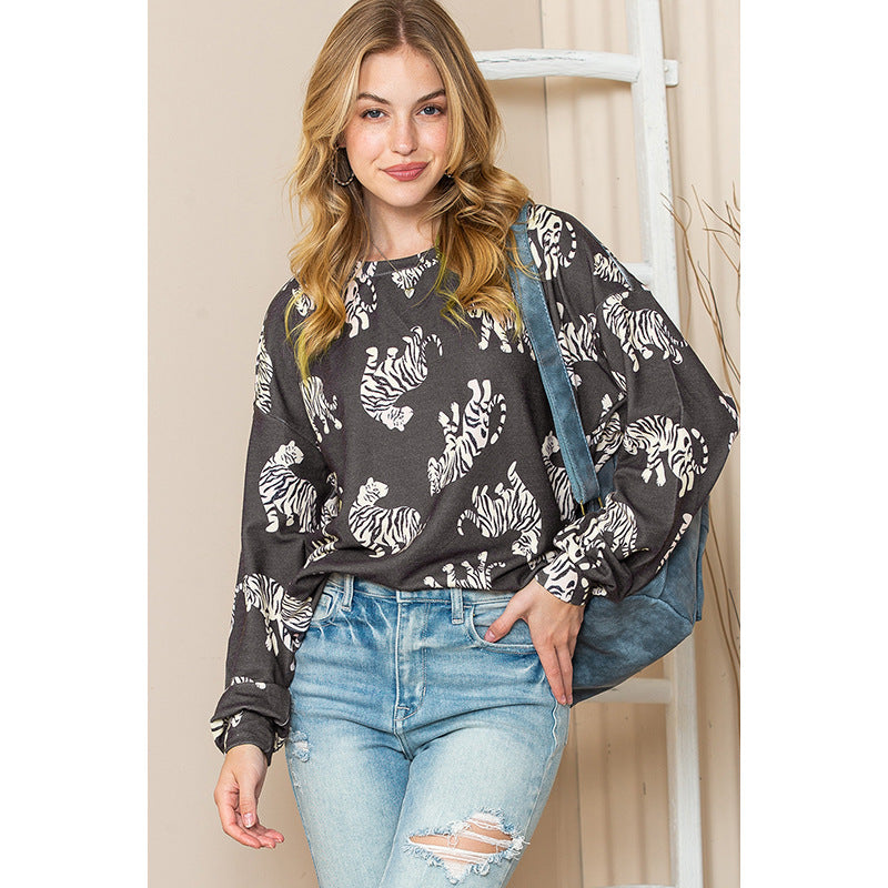 Autumn Loose Pullover Women Personalized Animal Floral Print Long Sleeve Pullover Women