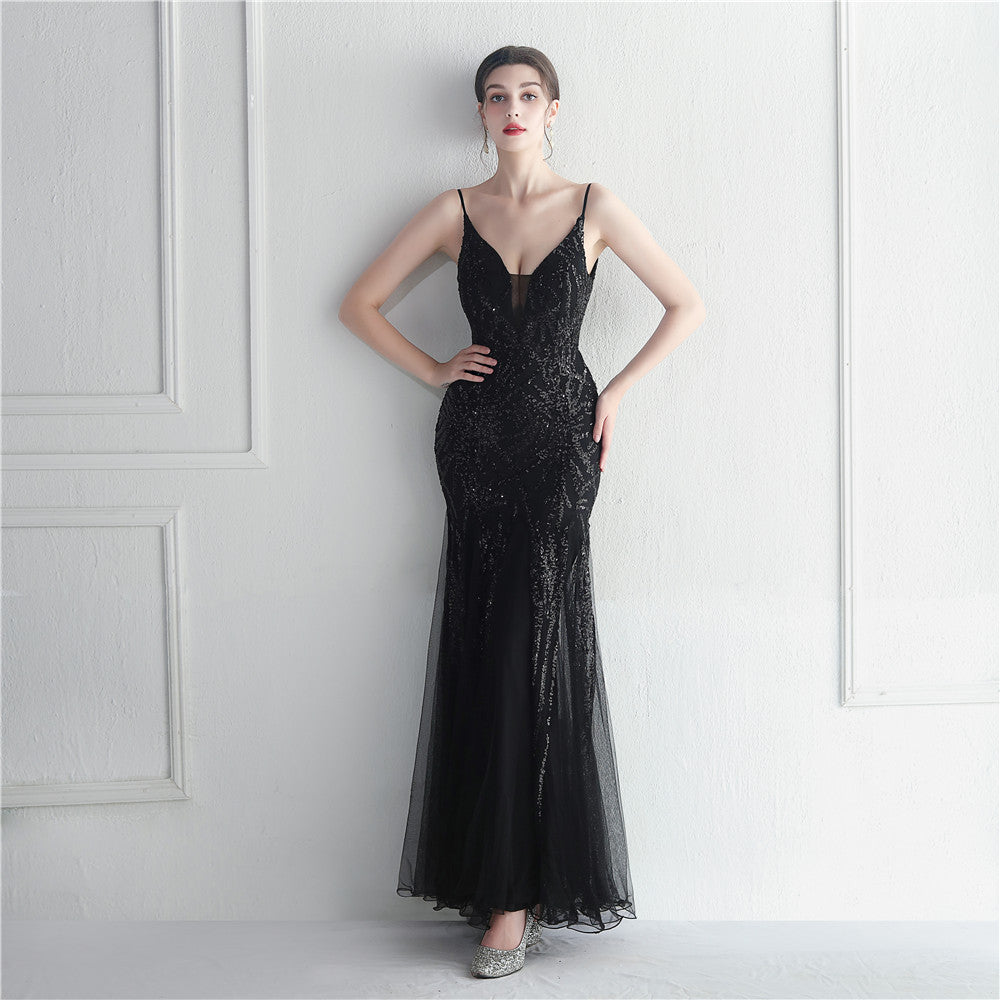 Popular Mesh Beads Sequined Dress Long Evening Dress Star Event Exhibition Stage