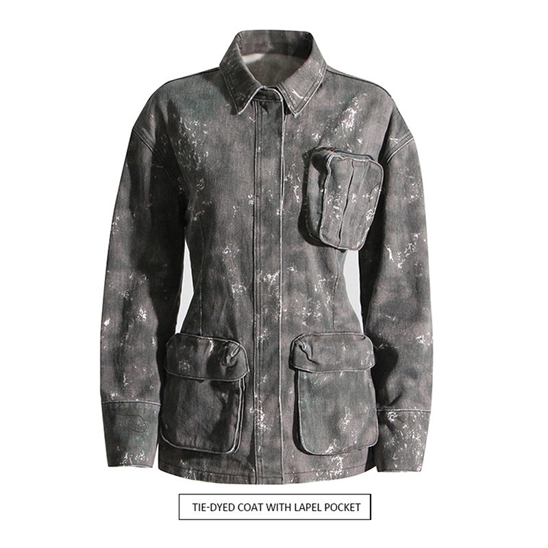 Personalized Samouflage Three Dimensional Large Pocket Lapels Waist Tooling Denim Jacket Long Sleeved Coat