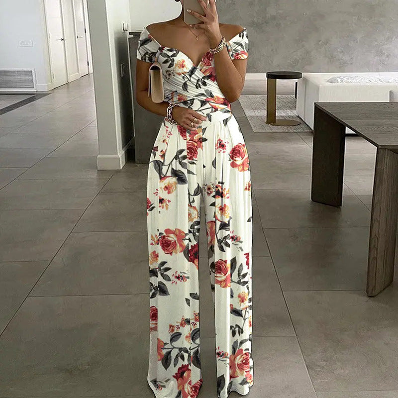 Spring Autumn Women Clothing off Shoulder Printing Office Printed Waist Controlled Jumpsuit