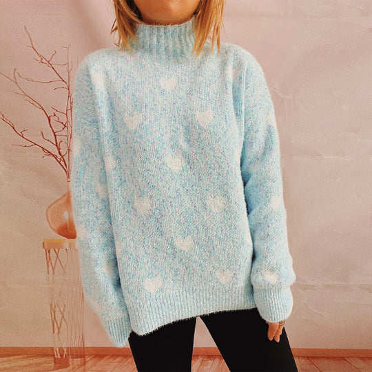 Autumn Winter Chenille Half Turtleneck Knitted Pullover Love Jacquard Long Sleeve Sweater