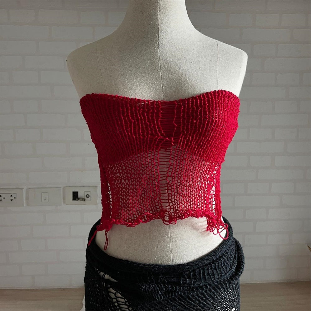 Summer Sexy Sexy Knitted Hollow Out Cutout out Strap Tube Top Lace up Bare Back Vest Women